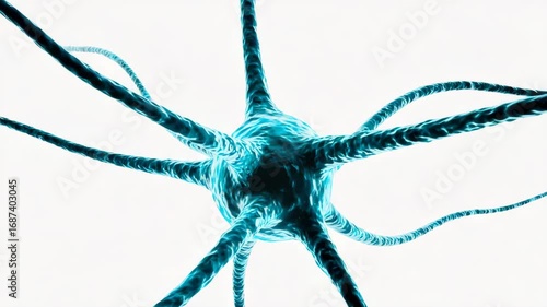 Animated 3D render of a single blue neuron cell on a white background. Visualization of brain activity, neural networks, and nervous system communication