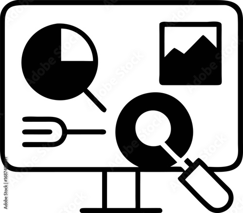 Digital monitor displaying various analytical tools and data visualization elements for comprehensive business intelligence and financial market research