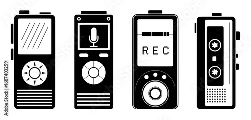 Collection of four black and white icons of audio recording devices