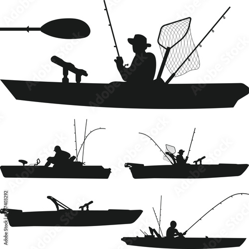 Kayak Fishing Silhouette File, Kayaker SVG, Kayaking Fisherman Silhouette Vector Art Illustration Black and white Background