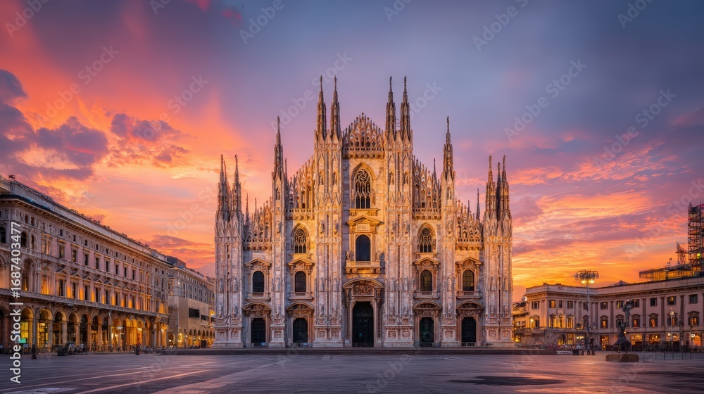 Obraz premium Stunning view of Milan Cathedral or Duomo di Milano du sunset with vibrant colorful sky and intricate Gothic architecture
