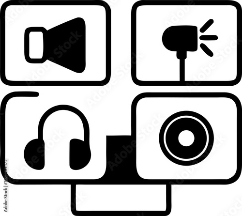 Audio Equipment Icons Speaker, Microphone, Headphones, and Amplifier Symbols