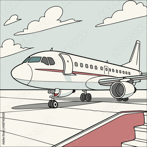 A cartoon illustration of a modern passenger jet airplane parked on an airport tarmac with clouds in the sky