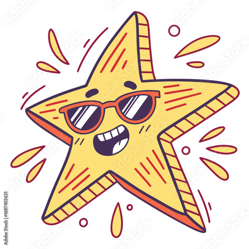 A cheerful cartoon star wearing cool sunglasses and radiating joy with celebratory splashes