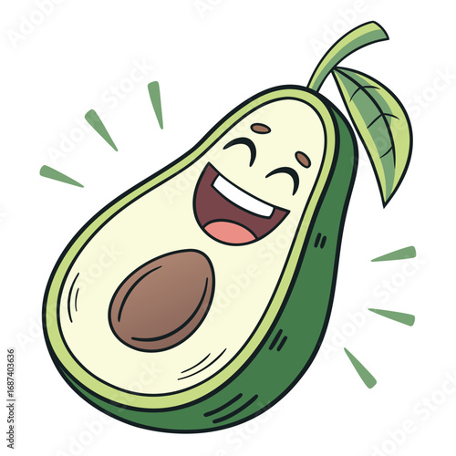 A happy cartoon avocado with a big smile and a leaf on a white background