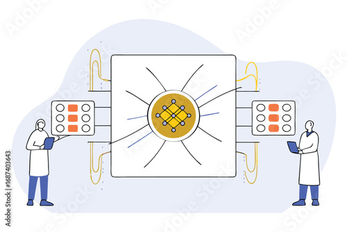 Two scientists in lab coats holding laptops interacting with a large central processor or neural network with glowing connections