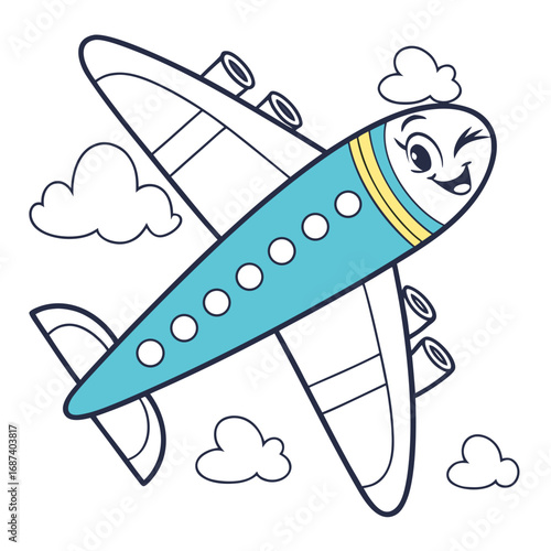Cute cartoon airplane with a friendly face flying through the sky among clouds