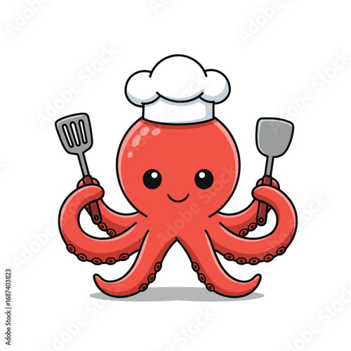Cartoon octopus chef holding spatula and flipping pancakes   for seafood restaurant branding and children's culinary classes