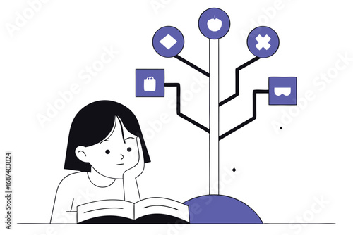 Young girl with short black hair reading an open book with a stylized tree of knowledge featuring various symbols above her head