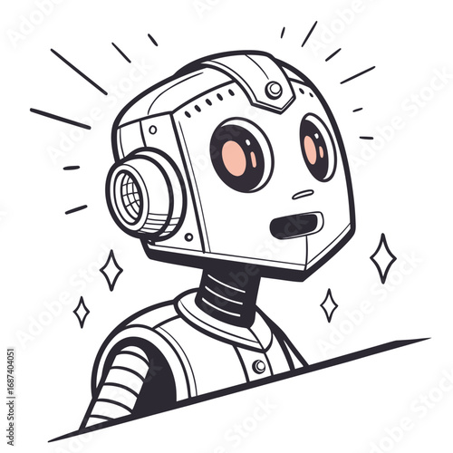 Cute cartoon robot with big eyes and a friendly expression radiating joy and wonder
