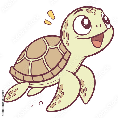 Cute cartoon sea turtle swimming happily with a cheerful expression and bubbly details