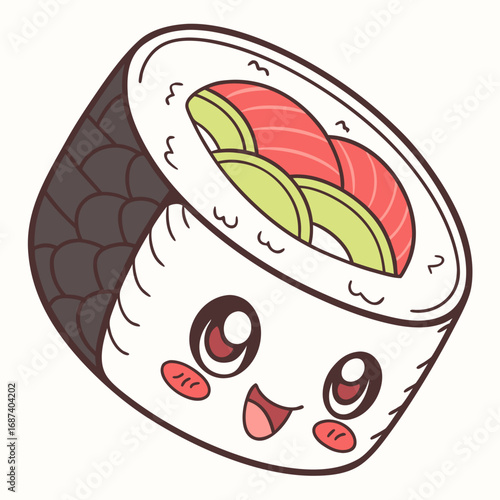 Cute kawaii sushi roll character with salmon and avocado smiling happily