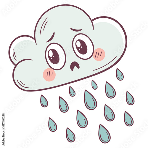 Cute sad cloud raining droplets with blushing cheeks and big eyes