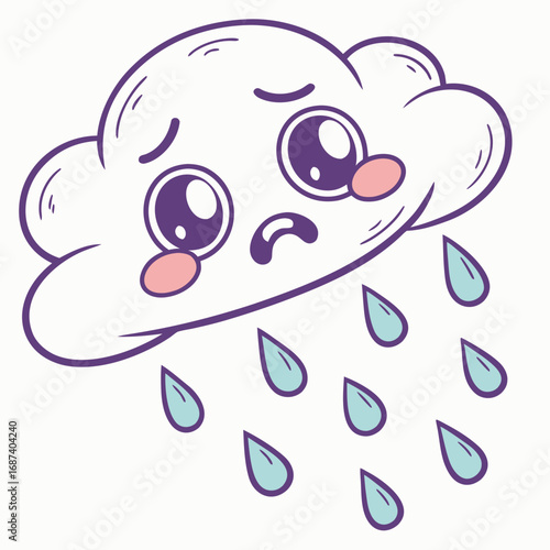 Cute sad cloud crying raindrops cartoon character with big eyes and blush