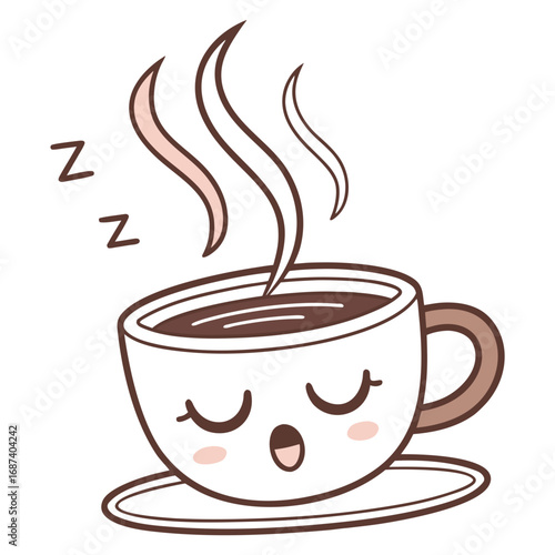 Cute sleepy coffee cup with steam and zzz symbols on white background