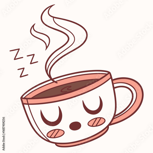Cute sleepy coffee cup with steam and zzz symbols representing sleep and relaxation