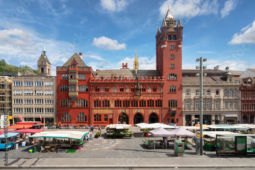 Basel, Switzerland. View of 500-year-old red building of Basel Town Hall