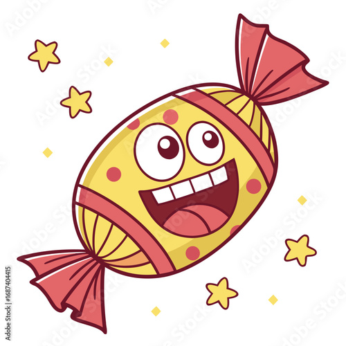 Happy cartoon candy character with a big smile and stars floating around