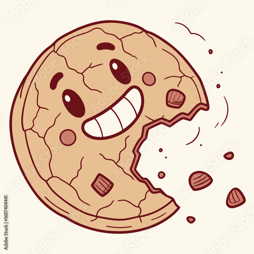 Happy cartoon chocolate chip cookie character with a bite taken out and crumbs flying