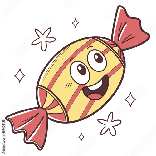 Happy cartoon candy character with a cheerful expression and sparkling effects