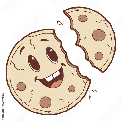 Happy cartoon cookie character broken in half with a big smile and chocolate chips