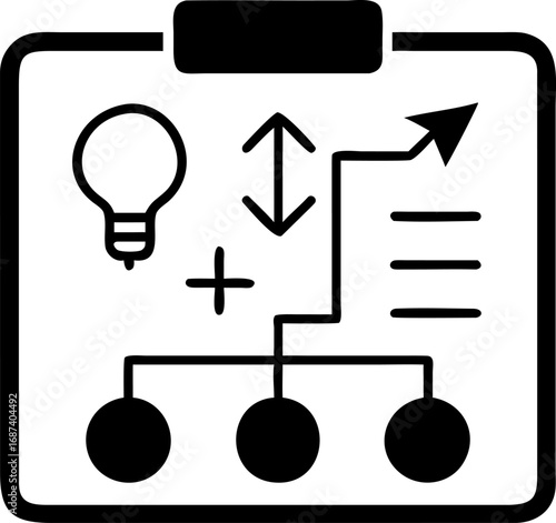 Strategic planning concept icon with a lightbulb for innovation and a process flowchart for business development and workflow management