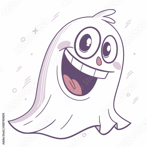 Happy cartoon ghost character with big smile and wide eyes floating