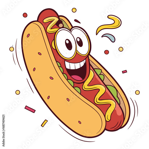 Happy cartoon hot dog character with mustard and confetti celebrating
