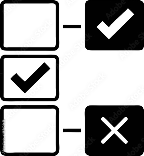 Checklist and cross marks signifying choices, decisions, and tasks completed or pending, with clear visual cues for selection and rejection