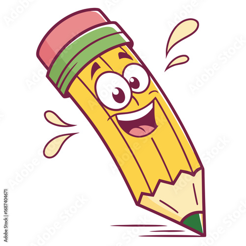 Happy cartoon pencil character with a smiling face and energetic splashes of excitement