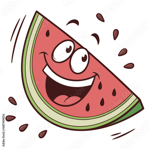 Happy cartoon watermelon slice character with seeds flying around and a big smile
