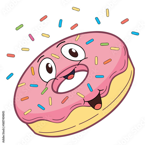 Happy pink frosted donut with colorful sprinkles falling down