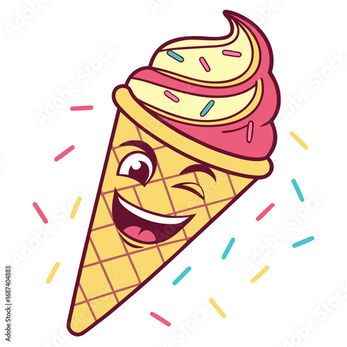 Happy winking ice cream cone character with colorful sprinkles and a joyful expression