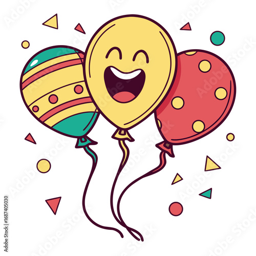 Three cheerful cartoon balloons with happy faces and confetti for celebration and joy