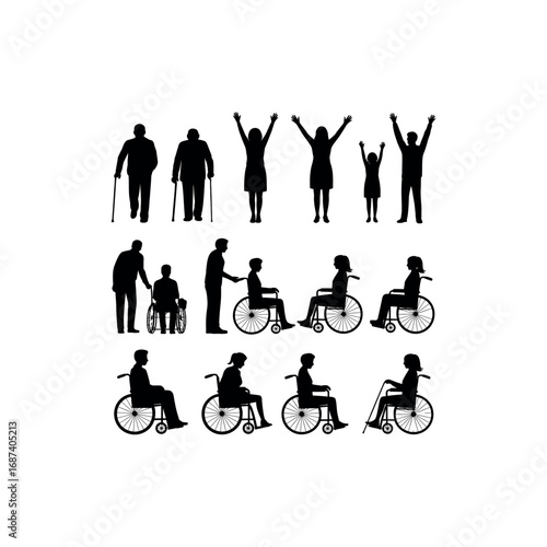 Black silhouettes of people including elderly and wheelchair users on white background senior