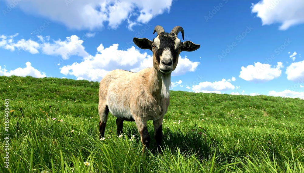 Fototapeta premium A goat in a grassy field under a partly cloudy sky