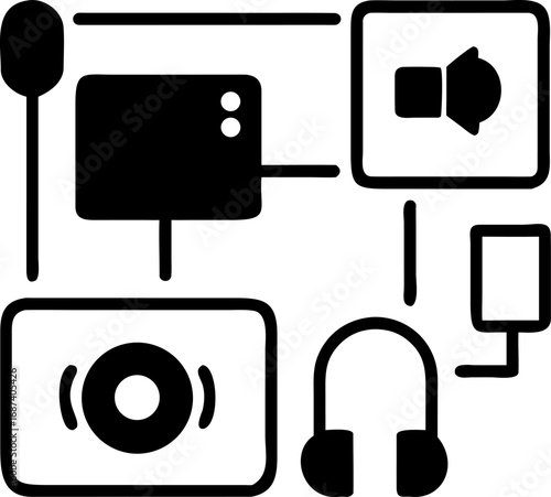 Vector icon set of multimedia production equipment for broadcasting. Audio video recording and streaming workflow pictogram 682.eps