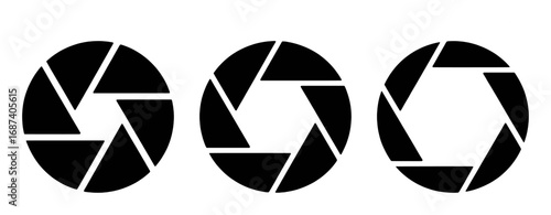 Three Black Camera Aperture Icons with Varying Openings