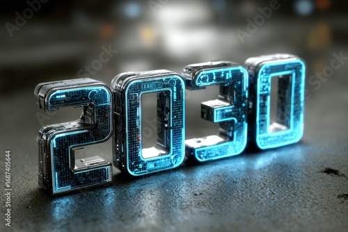 A futuristic 2030 design with glowing blue accents and a cyber aesthetic, perfect for tech-related concepts.