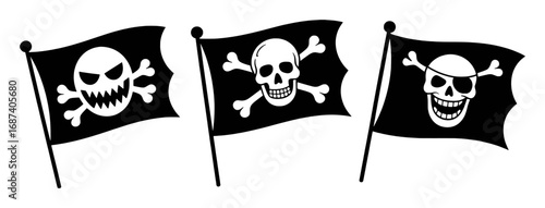Three Black Pirate Flags with Skull and Crossbones Designs Waving