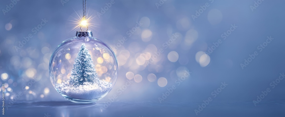 Fototapeta premium The beautiful glass ornament featuring a miniature tree and glowing lights.