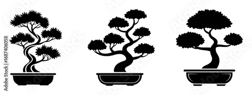 Three stylized black silhouette bonsai trees in pots on a white background