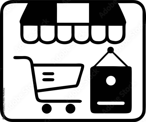 Shopping cart and shop sign icon, symbolizing commerce, retail, and consumerism, a graphic representation of a store and shopping trolley for online and physical purchase