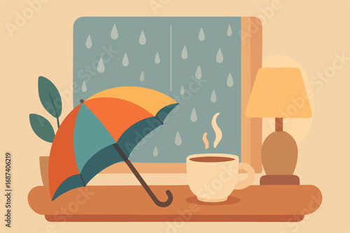 Flat-style vector illustration of a cozy rainy season scene with a colorful umbrella, warm indoor atmosphere, steaming cup of coffee or tea, raindrops on the window, and soft lighting in muted pastel 