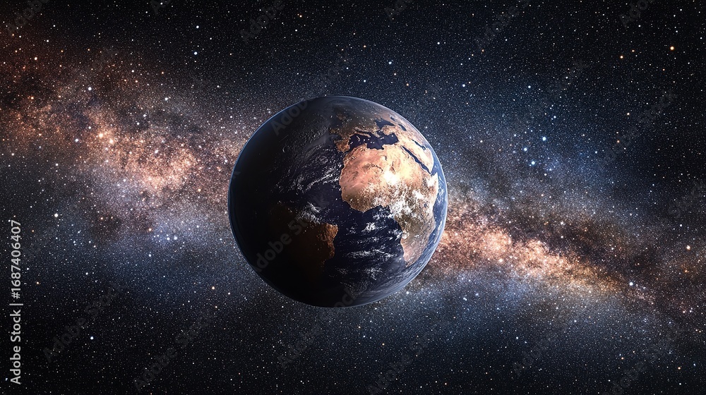Fototapeta premium Earth view from space with the milky way galaxy visible in the background on a dark night sky