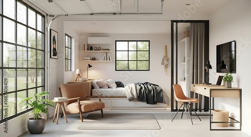Bright, modern studio apartment featuring a minimalist design, large industrial windows, and dedicated zones for living, sleeping, and working. Perfect urban loft style.