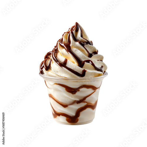 Vanilla soft serve ice cream with chocolate syrup in plastic cup isolated on a transparent background, in a PNG format