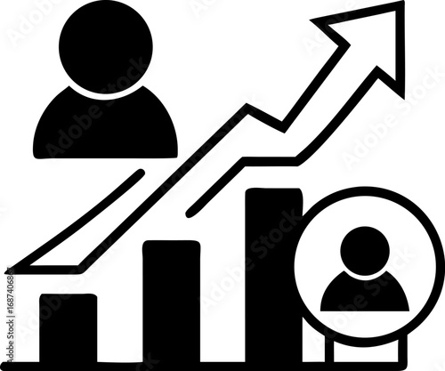 Business growth chart with user icon, illustrating audience increase, performance metrics, and successful career development