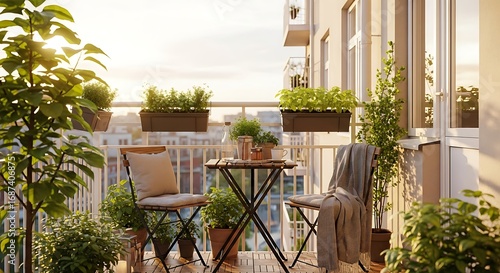 A cozy apartment balcony transformed into a vibrant urban garden oasis, featuring lush potted plants, a small table with chairs, and warm golden hour sunlight. Perfect for relaxation and city living.