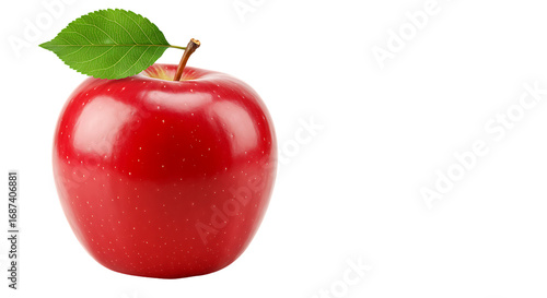 Red Apple with Glossy Skin and Green Leaf Against a Dark Background with Copy Space